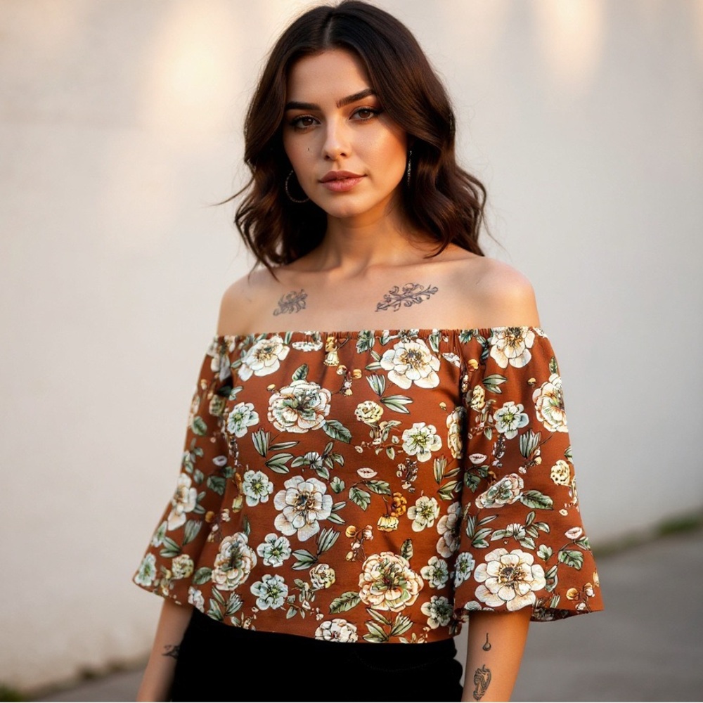 Elegant Floral Off-Shoulder Blouse in Brown